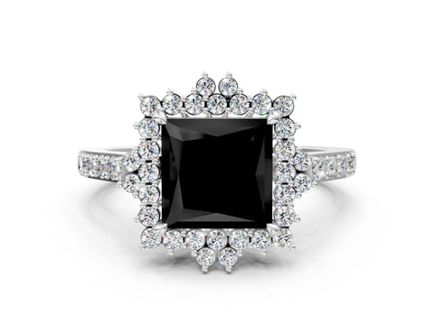 White gold Fancy Black Princess Cut Cut Diamond Sunburst Halo Engagement Ring with Pavé Band