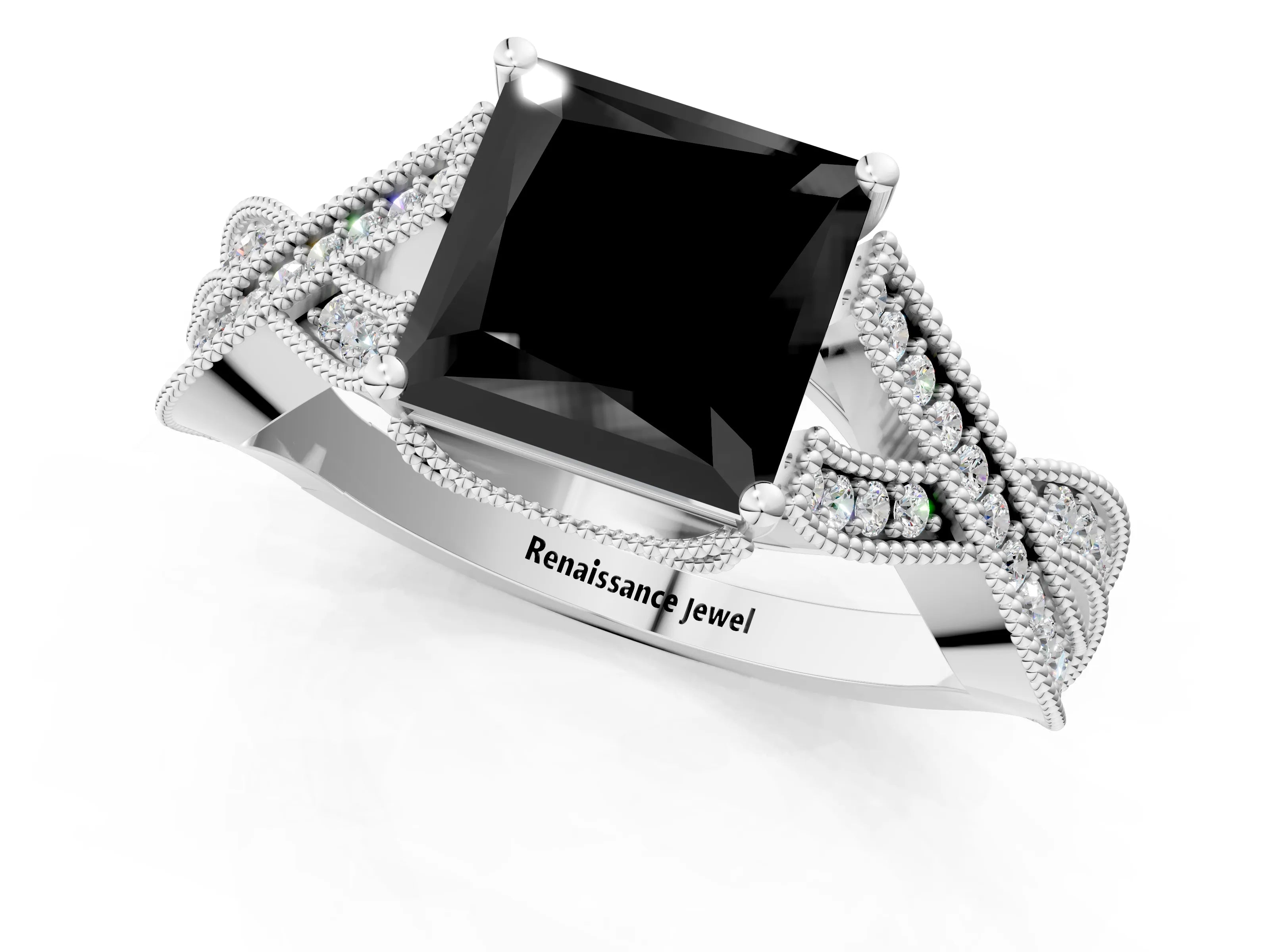 White gold Fancy Black Princess Cut Cut Diamond Twisted Band with Milgrain Pave Setting and Four-Prong Setting_1
