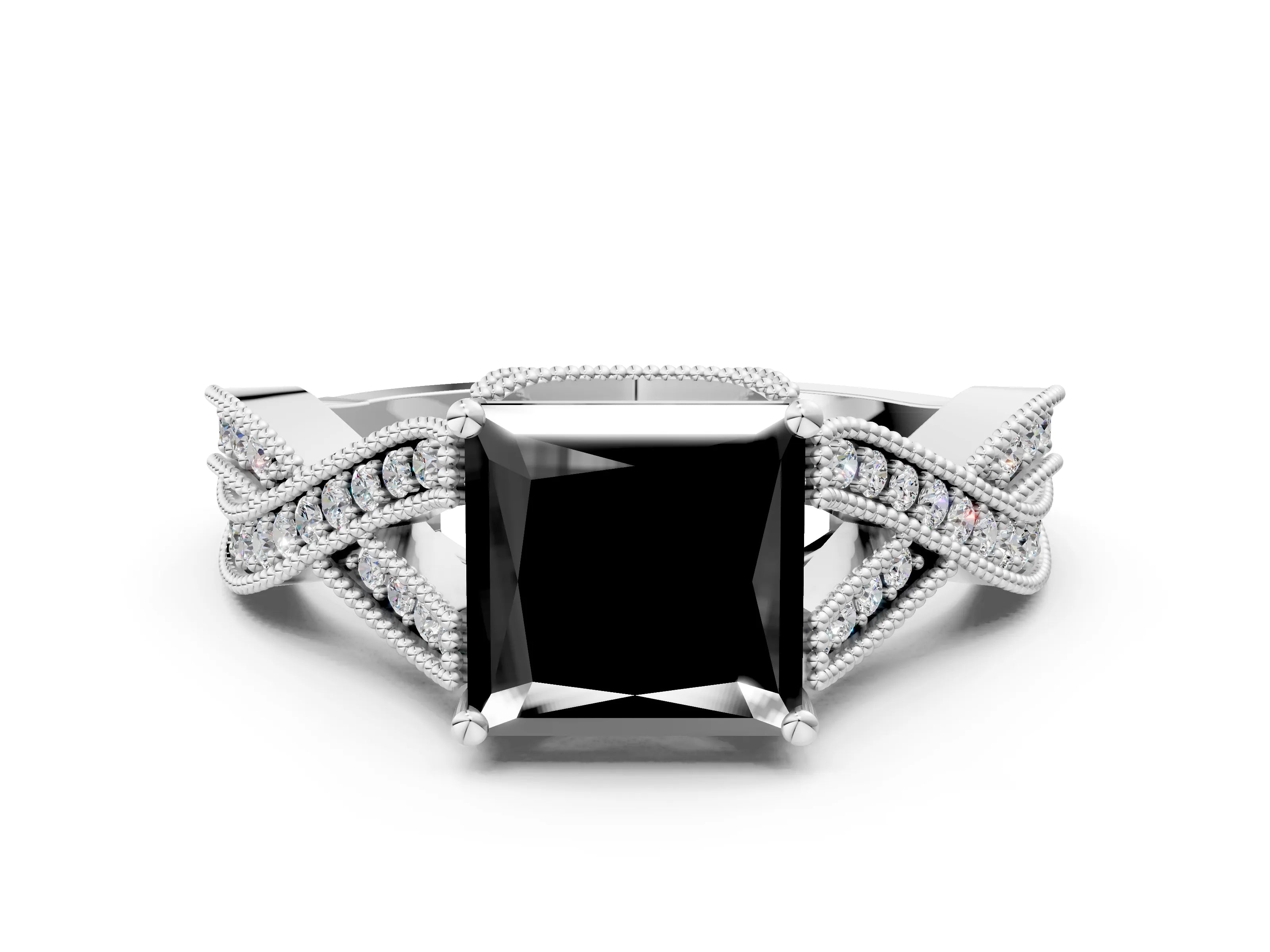 White gold Fancy Black Princess Cut Cut Diamond Twisted Band with Milgrain Pave Setting and Four-Prong Setting_12
