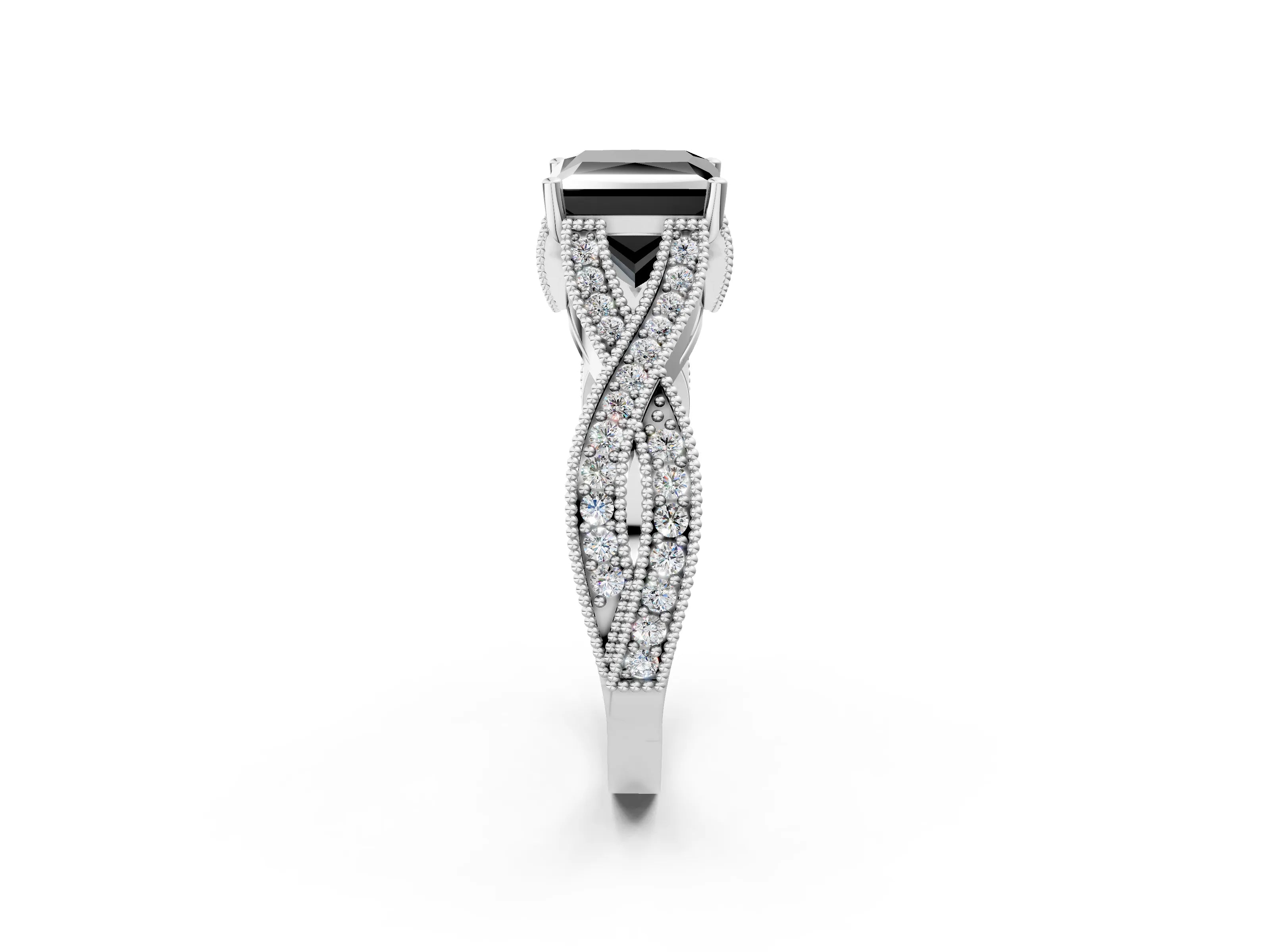 White gold Fancy Black Princess Cut Cut Diamond Twisted Band with Milgrain Pave Setting and Four-Prong Setting_2