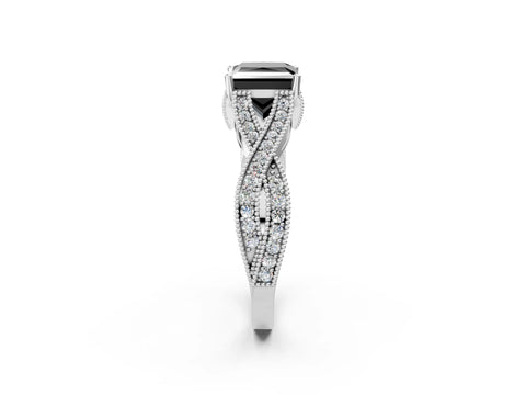White gold Fancy Black Princess Cut Cut Diamond Twisted Band with Milgrain Pave Setting and Four-Prong Setting_2