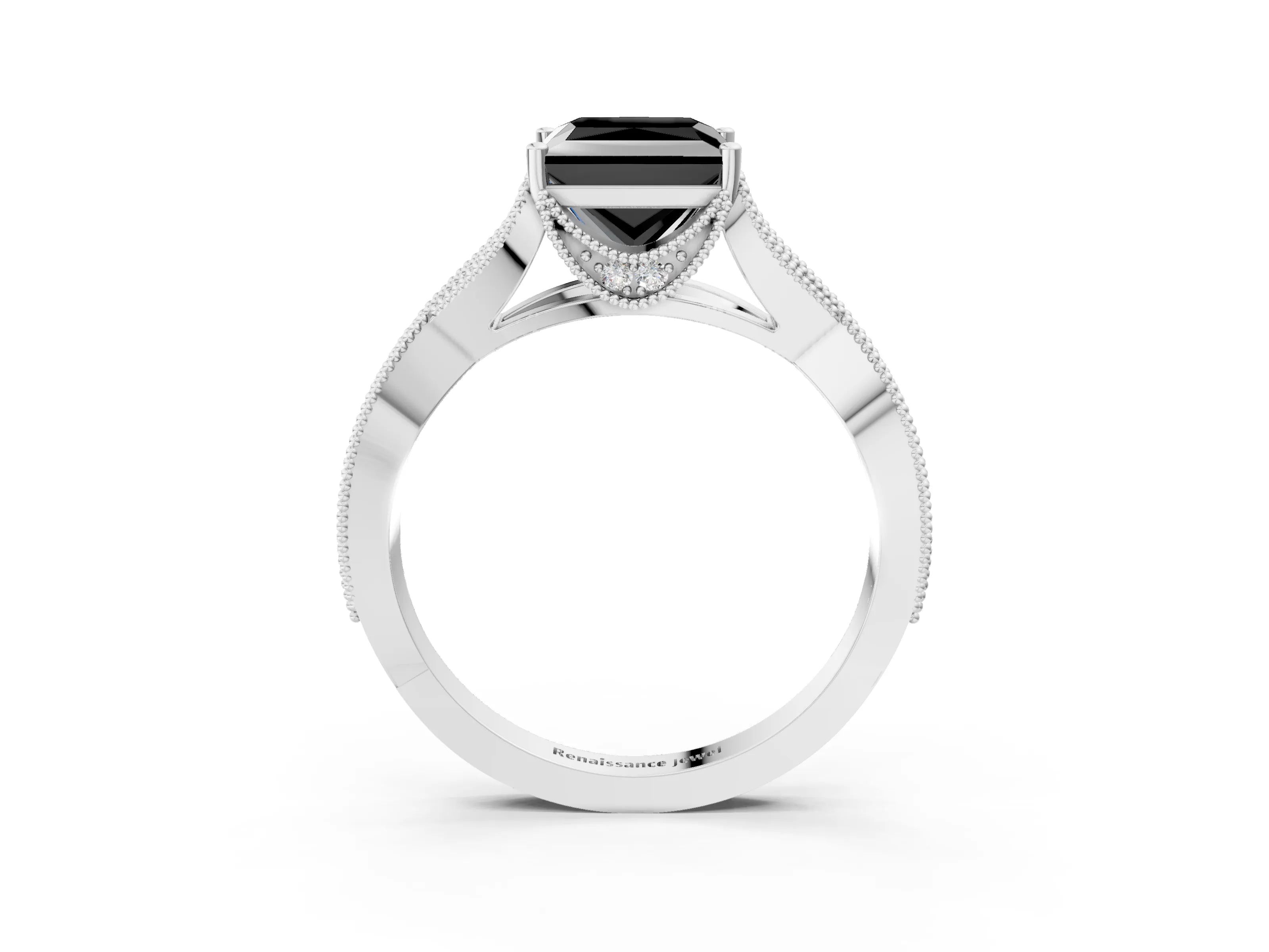White gold Fancy Black Princess Cut Cut Diamond Twisted Band with Milgrain Pave Setting and Four-Prong Setting_3