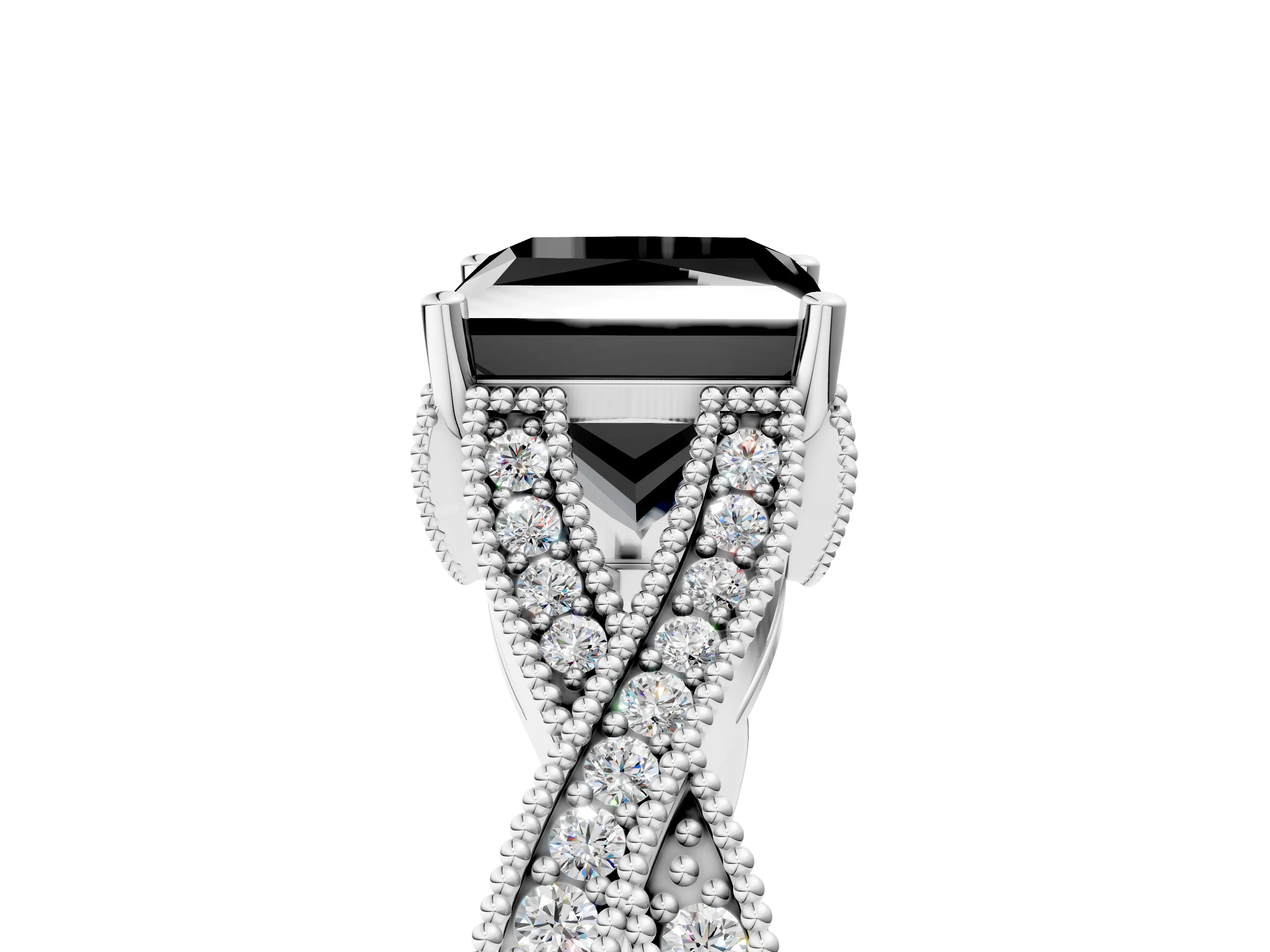 White gold Fancy Black Princess Cut Cut Diamond Twisted Band with Milgrain Pave Setting and Four-Prong Setting_5