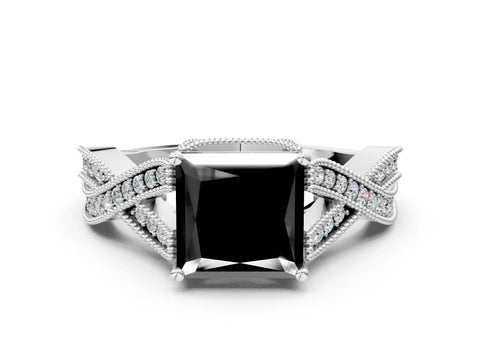 White gold Fancy Black Princess Cut Cut Diamond Twisted Band with Milgrain Pave Setting and Four-Prong Setting