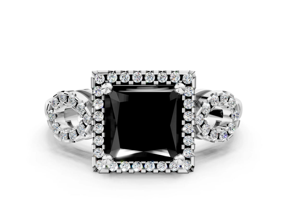 White gold Fancy Black Princess Cut Cut Halo Diamond Infinity Band with Four-Prong Setting