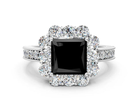 White gold Fancy Black Princess Cut Cut Halo Diamond Pavé Engagement Ring with Milgrain Detailing_12