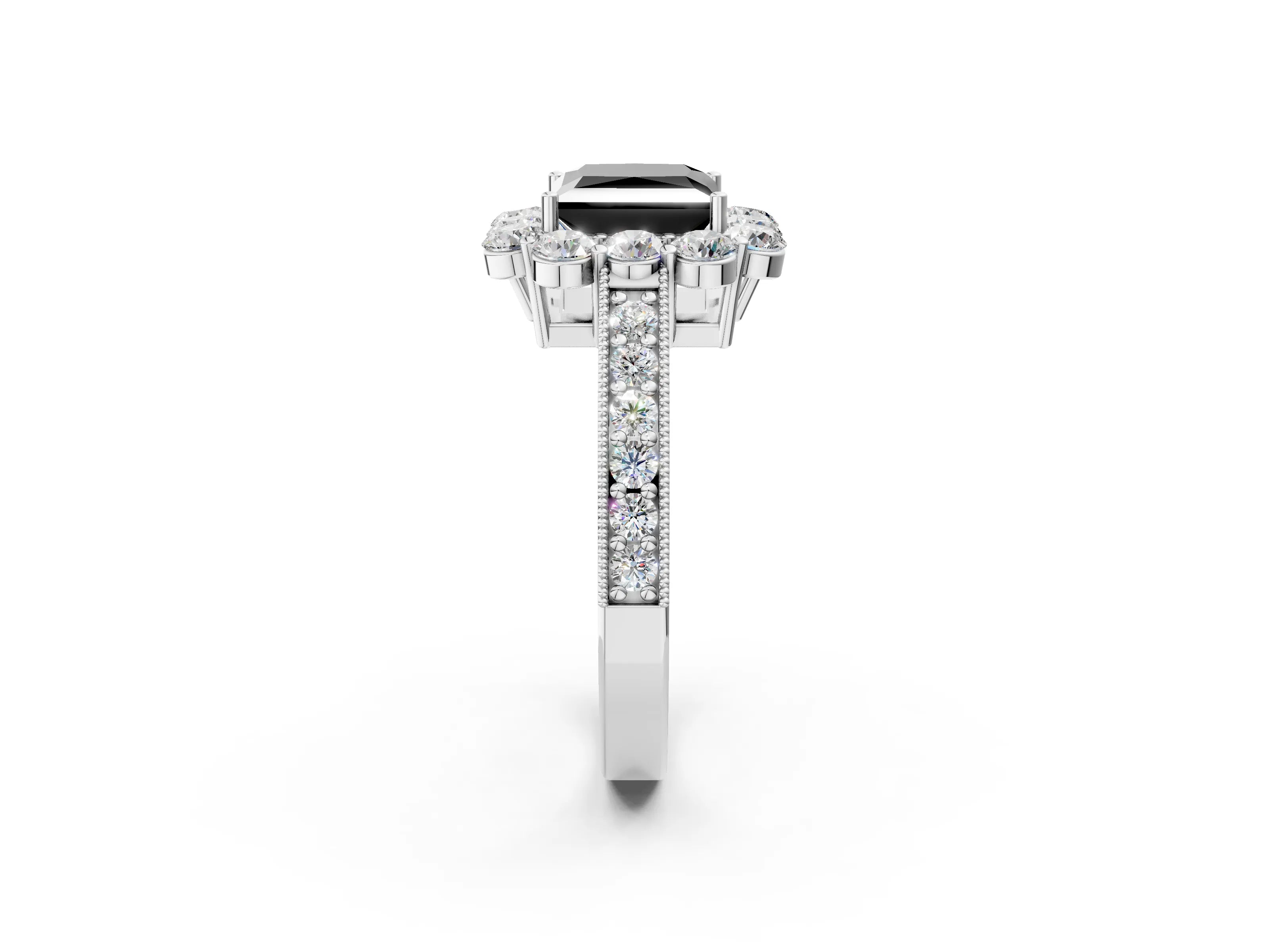 White gold Fancy Black Princess Cut Cut Halo Diamond Pavé Engagement Ring with Milgrain Detailing_14