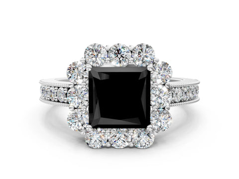 White gold Fancy Black Princess Cut Cut Halo Diamond Pavé Engagement Ring with Milgrain Detailing_24
