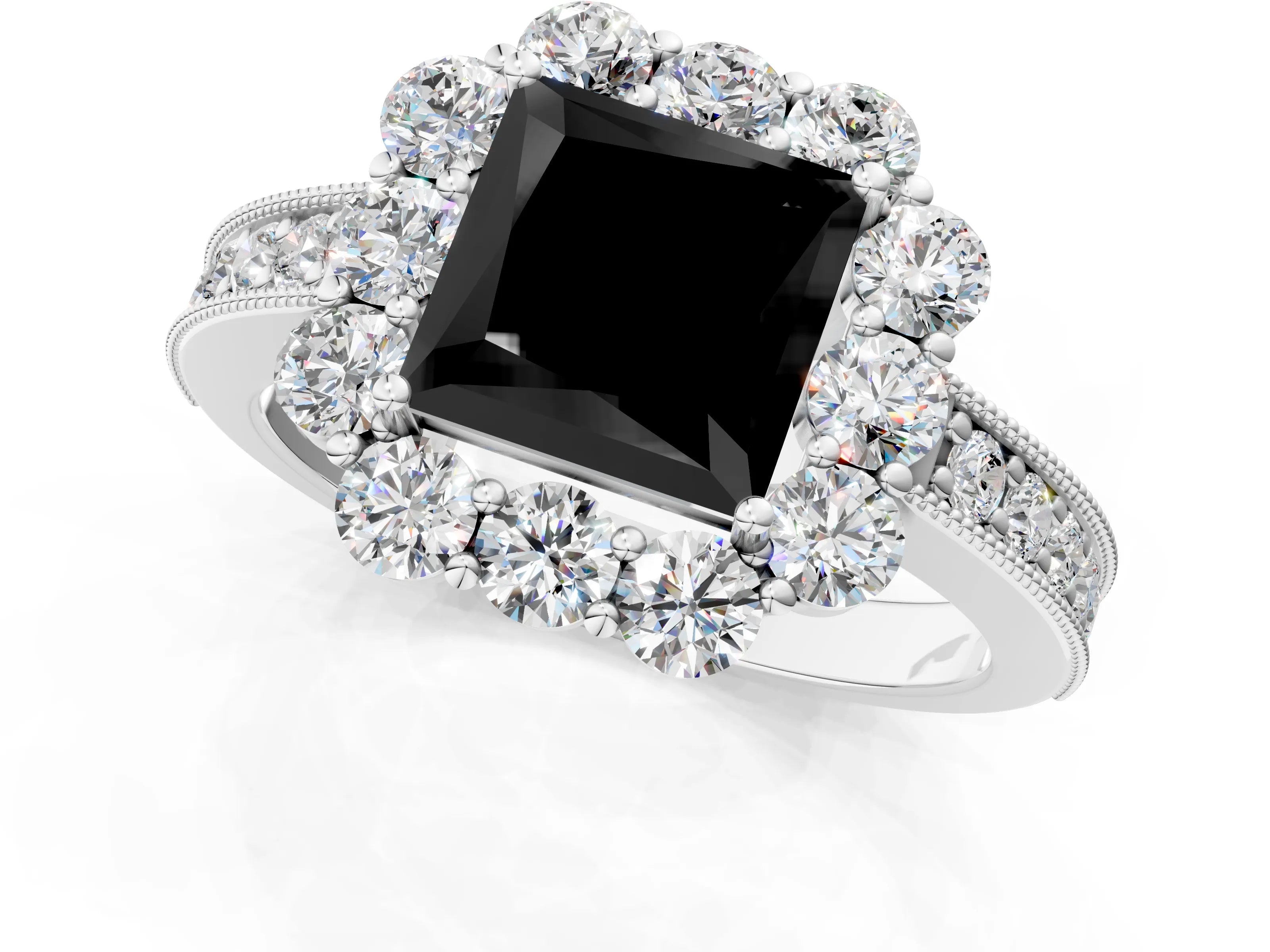 White gold Fancy Black Princess Cut Cut Halo Diamond Pavé Engagement Ring with Milgrain Detailing_25