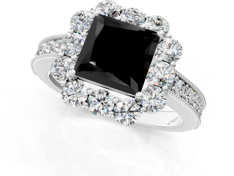 White gold Fancy Black Princess Cut Cut Halo Diamond Pavé Engagement Ring with Milgrain Detailing_25
