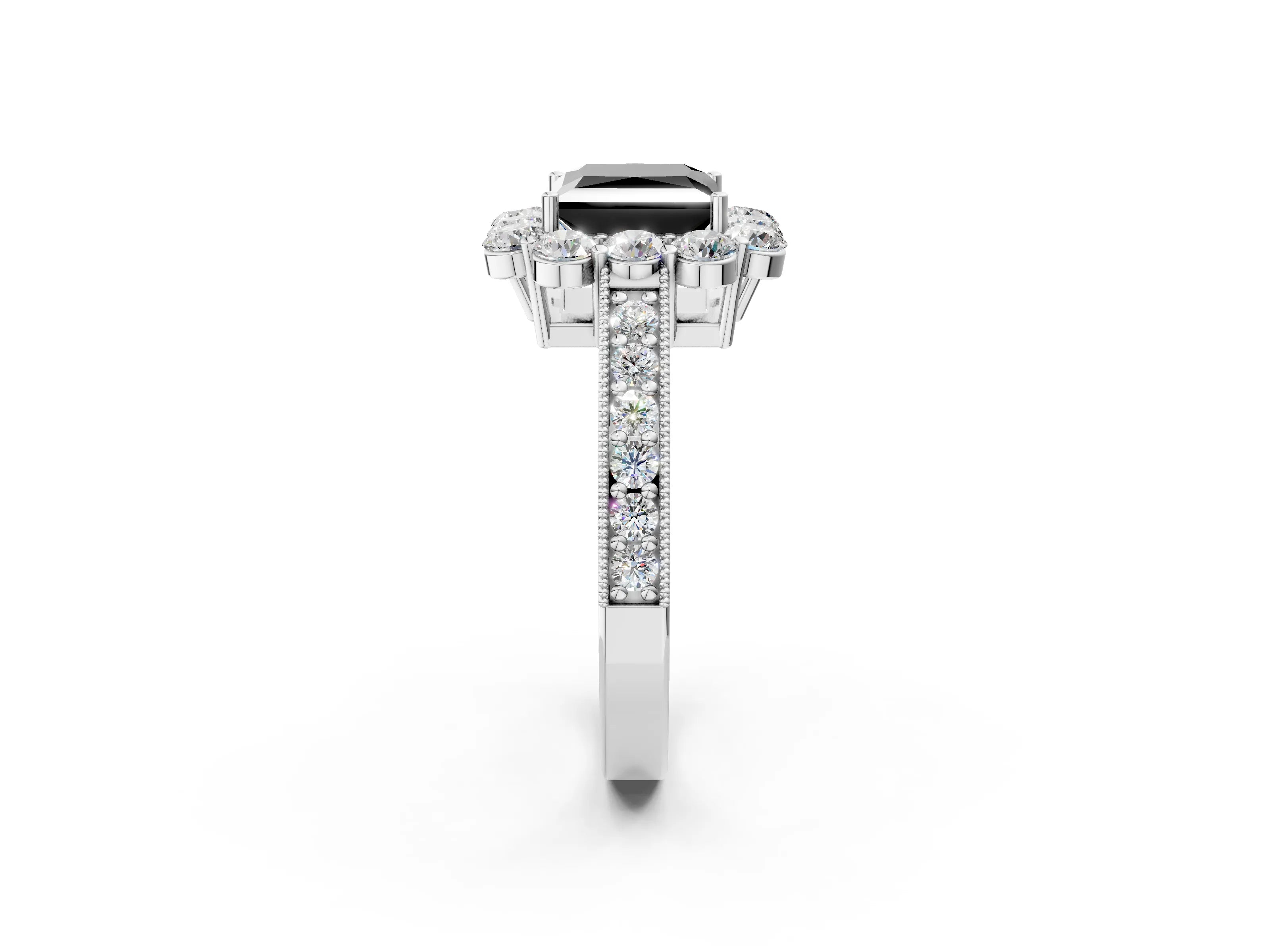 White gold Fancy Black Princess Cut Cut Halo Diamond Pavé Engagement Ring with Milgrain Detailing_26