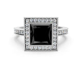 White gold Fancy Black Princess Cut Cut Halo Pavé Diamond Ring