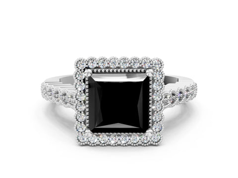 White gold Fancy Black Princess Cut Cut Halo Pavé Solitaire Ring with Milgrain Band_12