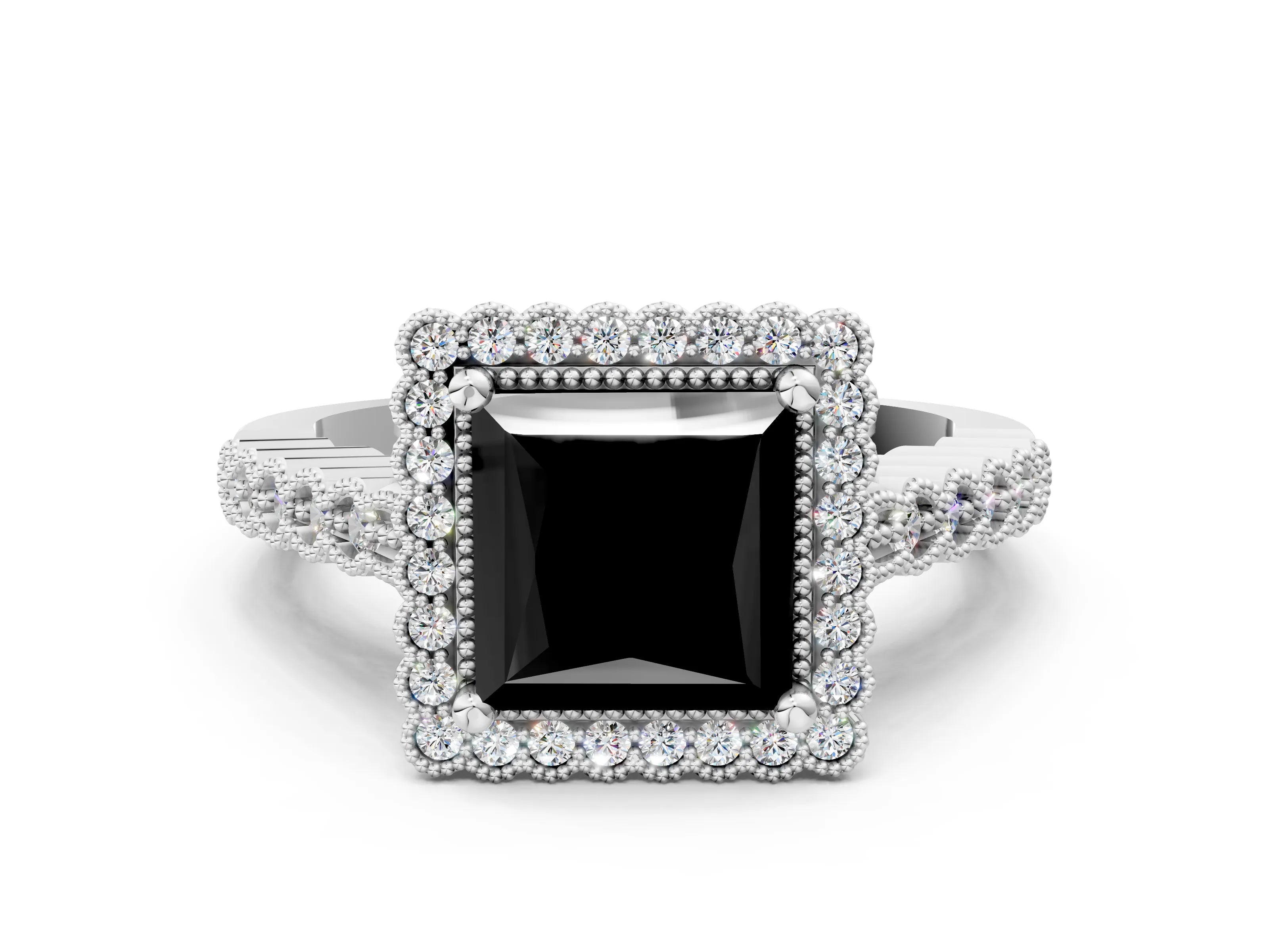White gold Fancy Black Princess Cut Cut Halo Pavé Solitaire Ring with Milgrain Band_12