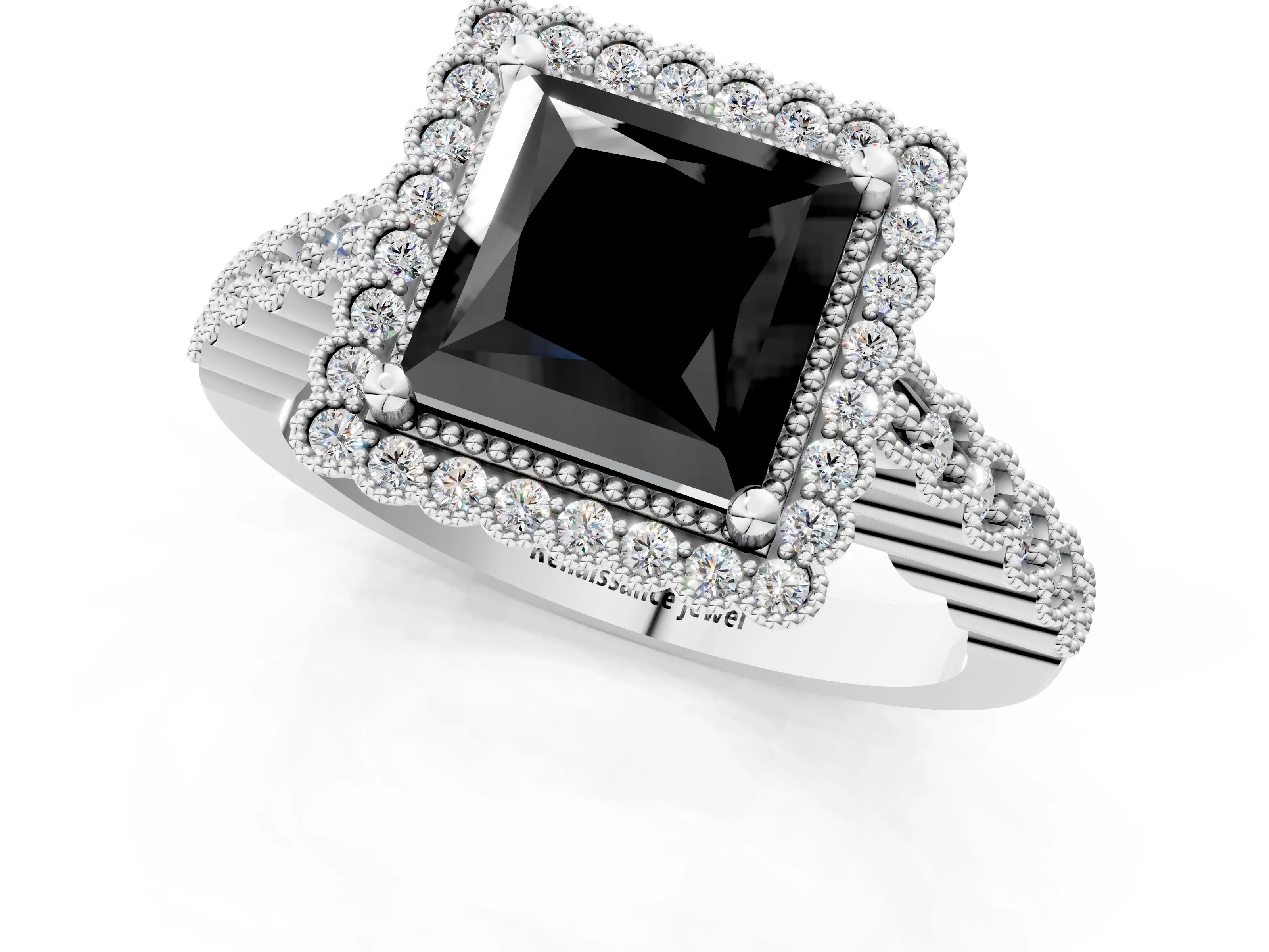White gold Fancy Black Princess Cut Cut Halo Pavé Solitaire Ring with Milgrain Band_13