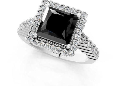 White gold Fancy Black Princess Cut Cut Halo Pavé Solitaire Ring with Milgrain Band_13