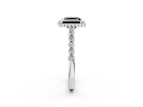 White gold Fancy Black Princess Cut Cut Halo Pavé Solitaire Ring with Milgrain Band_14