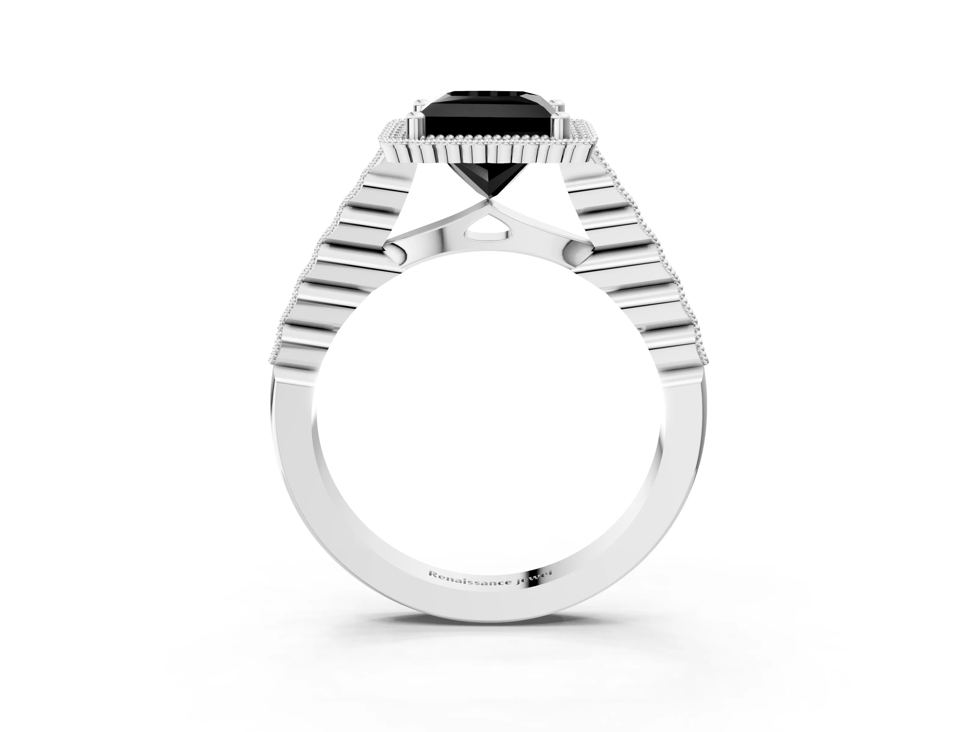White gold Fancy Black Princess Cut Cut Halo Pavé Solitaire Ring with Milgrain Band_15