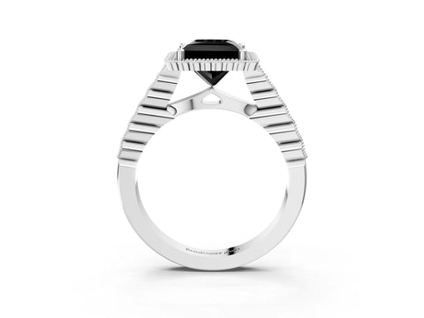 White gold Fancy Black Princess Cut Cut Halo Pavé Solitaire Ring with Milgrain Band_15