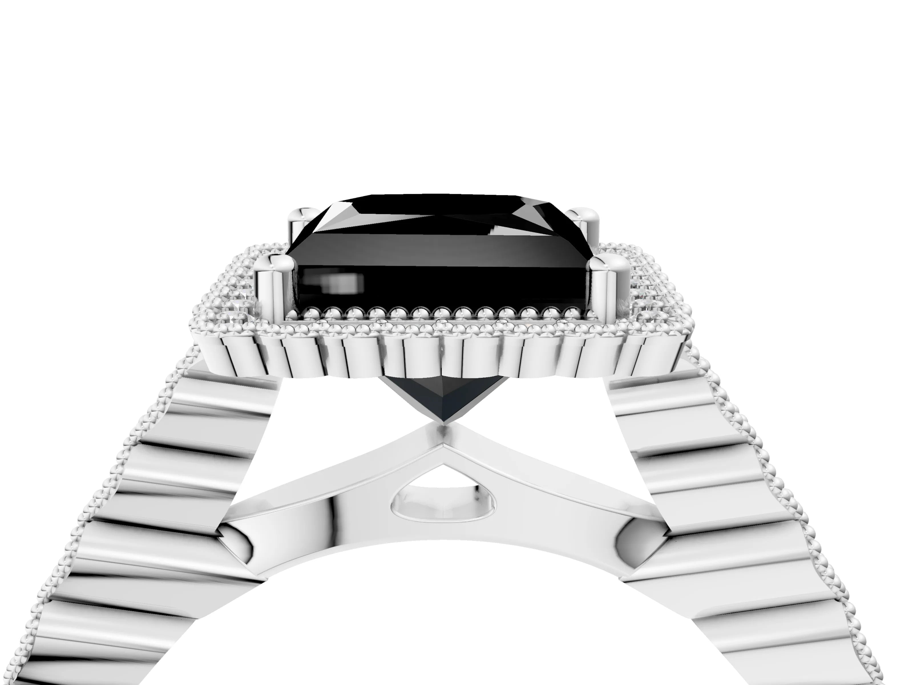 White gold Fancy Black Princess Cut Cut Halo Pavé Solitaire Ring with Milgrain Band_16