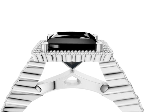 White gold Fancy Black Princess Cut Cut Halo Pavé Solitaire Ring with Milgrain Band_16