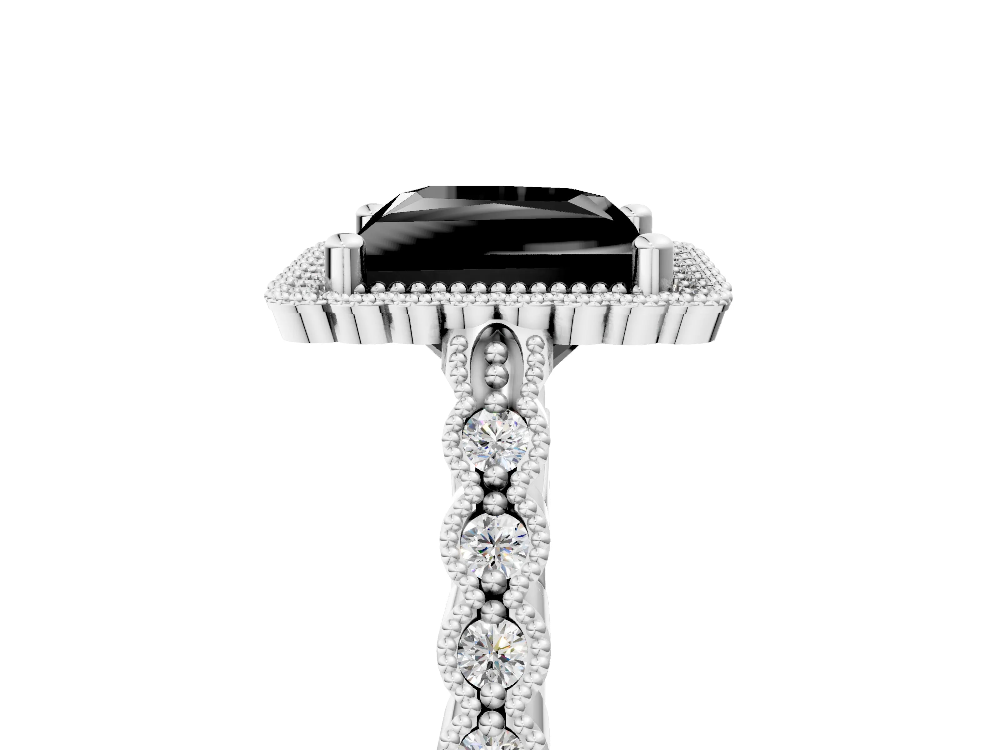 White gold Fancy Black Princess Cut Cut Halo Pavé Solitaire Ring with Milgrain Band_17