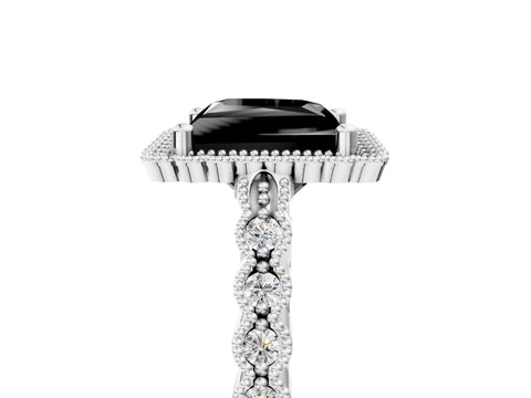 White gold Fancy Black Princess Cut Cut Halo Pavé Solitaire Ring with Milgrain Band_17