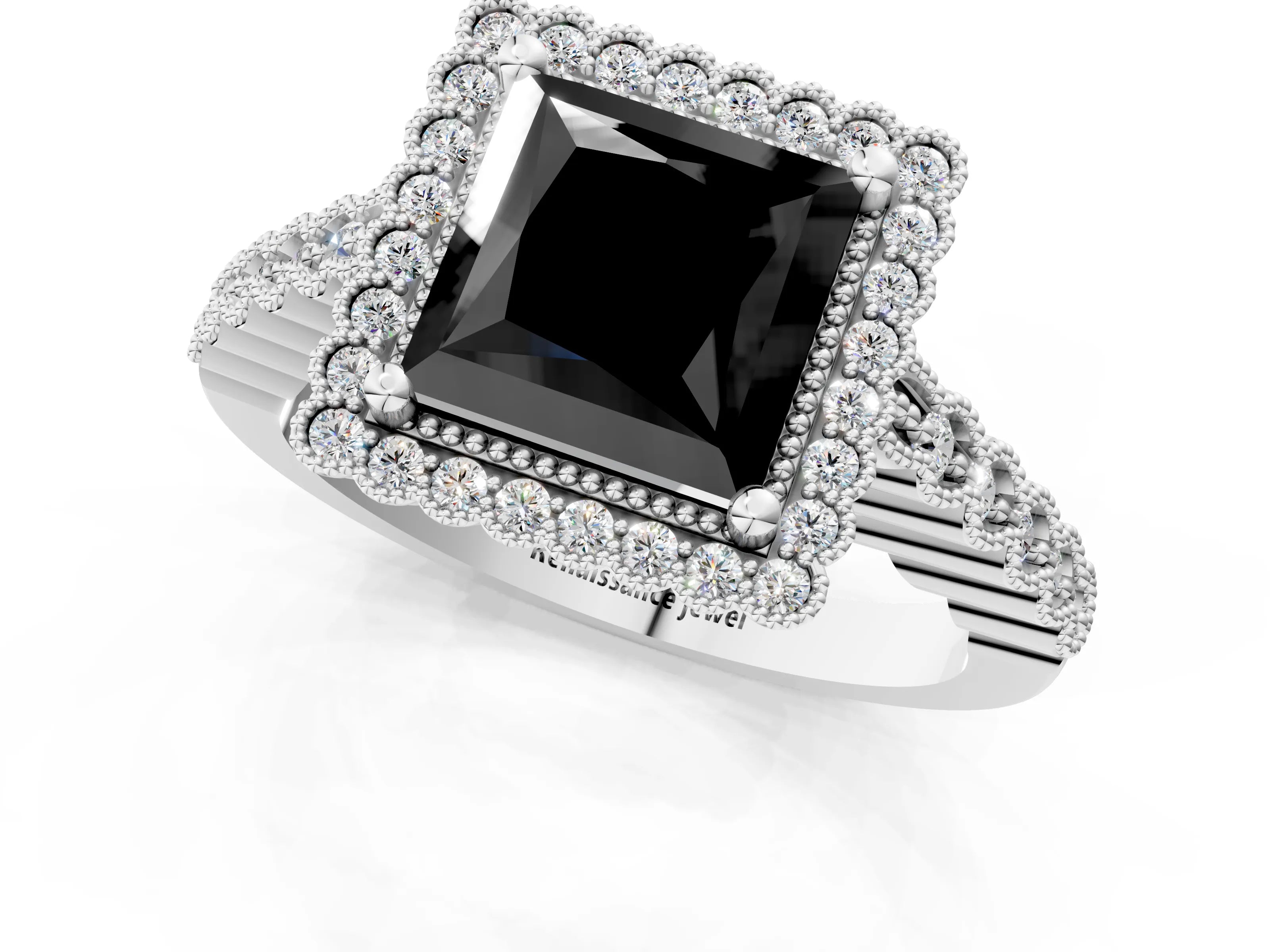 White gold Fancy Black Princess Cut Cut Halo Pavé Solitaire Ring with Milgrain Band_1