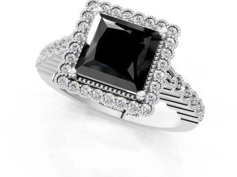 White gold Fancy Black Princess Cut Cut Halo Pavé Solitaire Ring with Milgrain Band_1