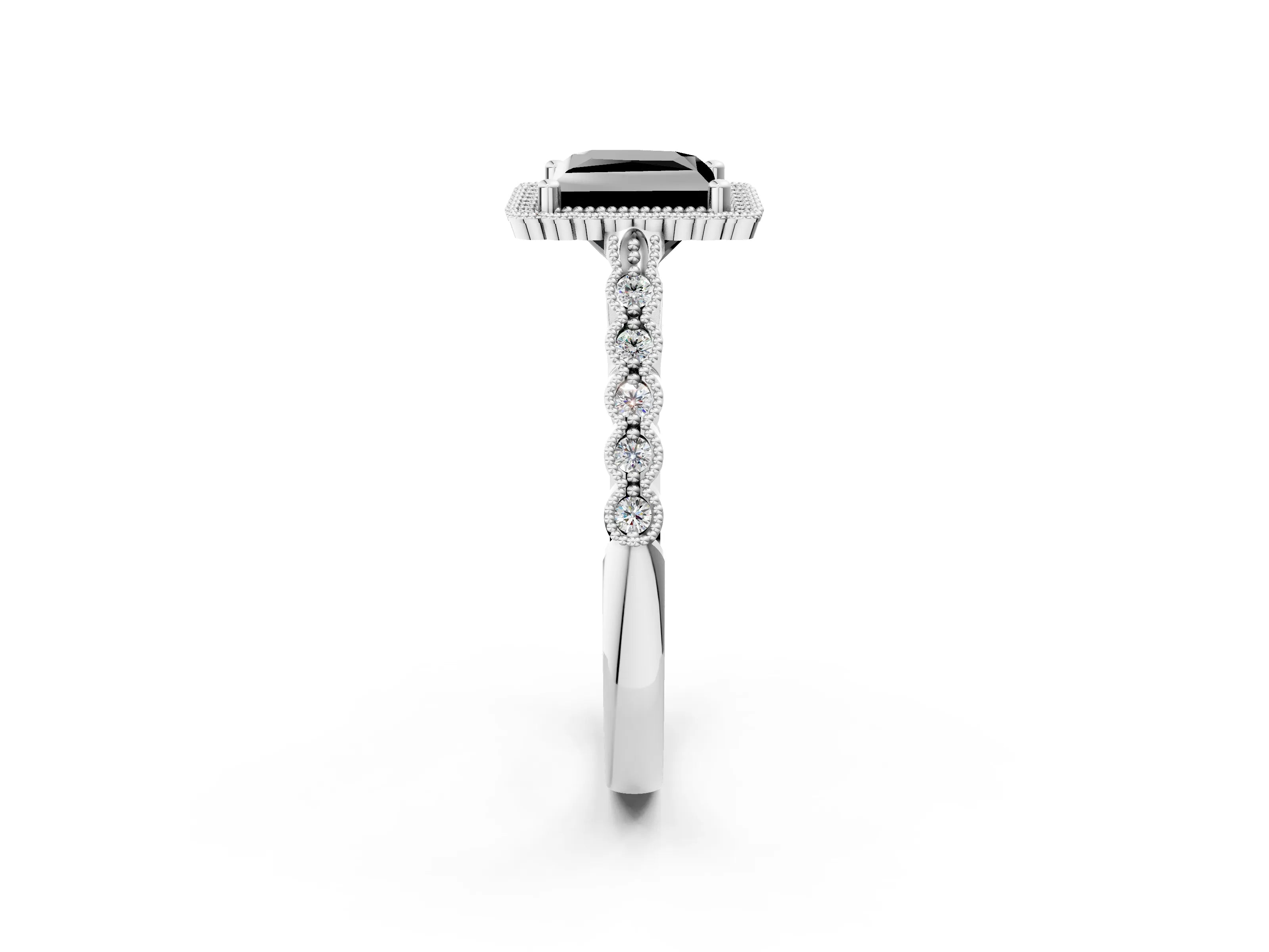 White gold Fancy Black Princess Cut Cut Halo Pavé Solitaire Ring with Milgrain Band_2