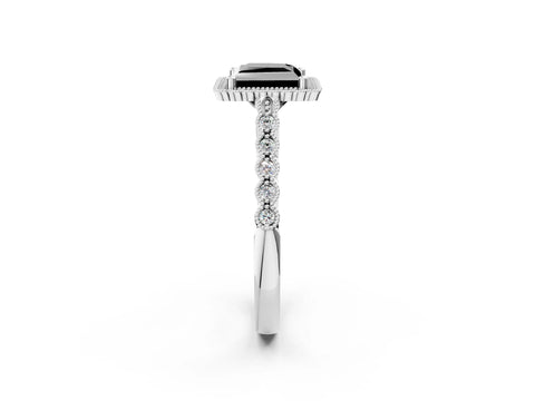White gold Fancy Black Princess Cut Cut Halo Pavé Solitaire Ring with Milgrain Band_2