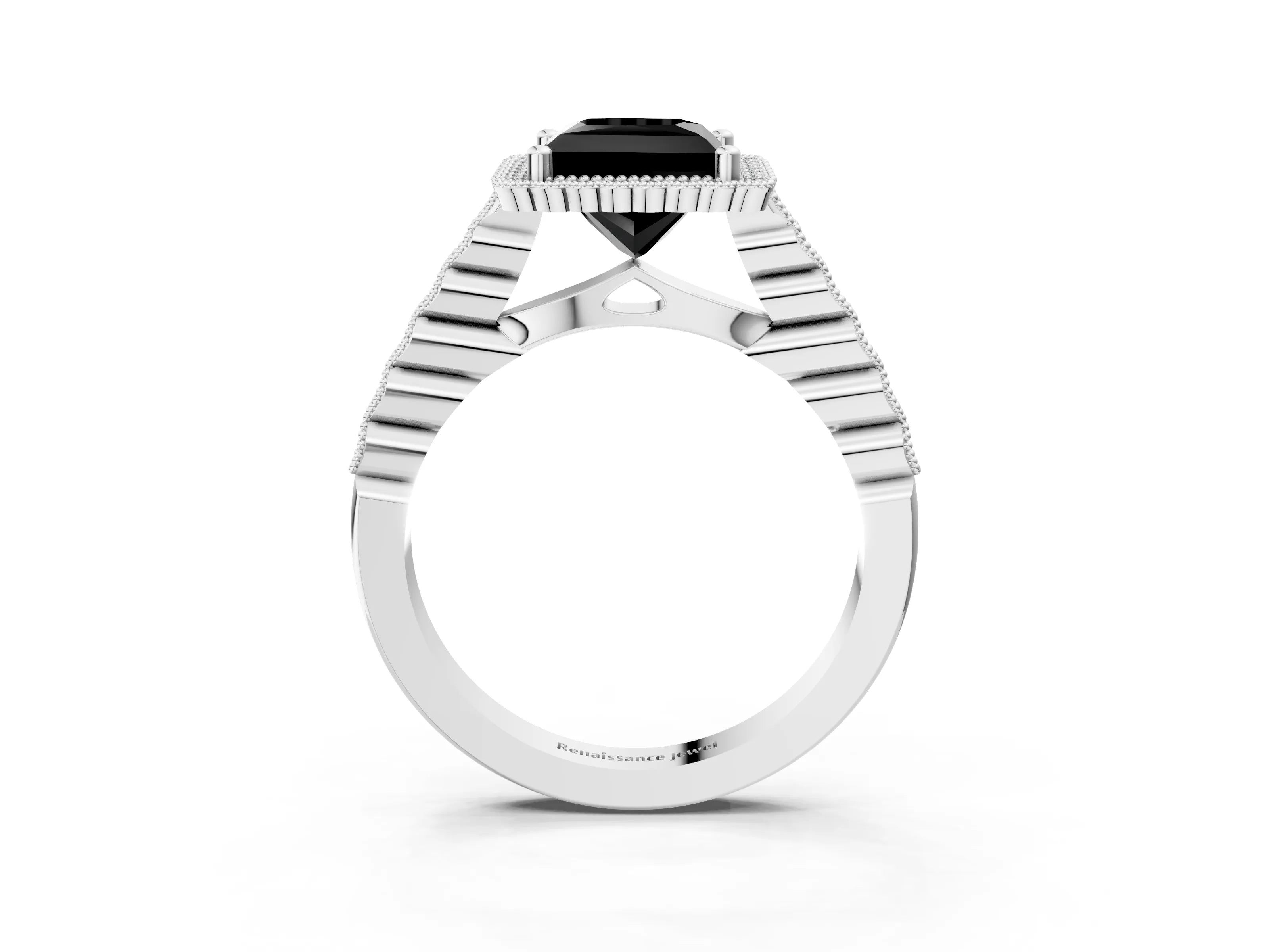 White gold Fancy Black Princess Cut Cut Halo Pavé Solitaire Ring with Milgrain Band_3