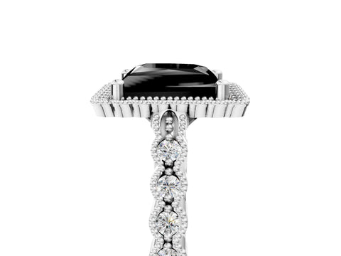 White gold Fancy Black Princess Cut Cut Halo Pavé Solitaire Ring with Milgrain Band_5