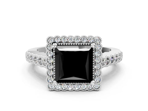 White gold Fancy Black Princess Cut Cut Halo Pavé Solitaire Ring with Milgrain Band