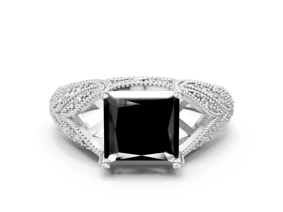 White gold Fancy Black Princess Cut Cut Milgrain Pave Diamond Engagement Ring with Four-Prong Setting_15
