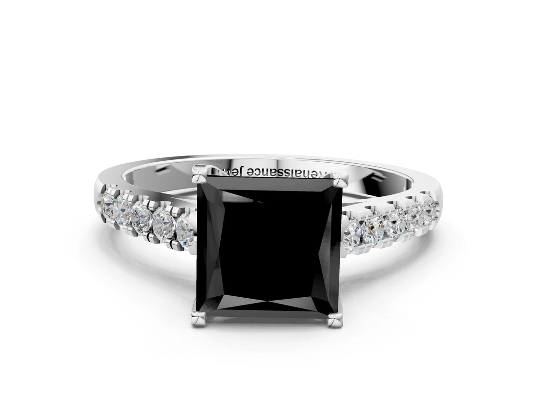 White gold Fancy Black Princess Cut Cut Pavé Band Solitaire Ring with Four-Prong Setting_24