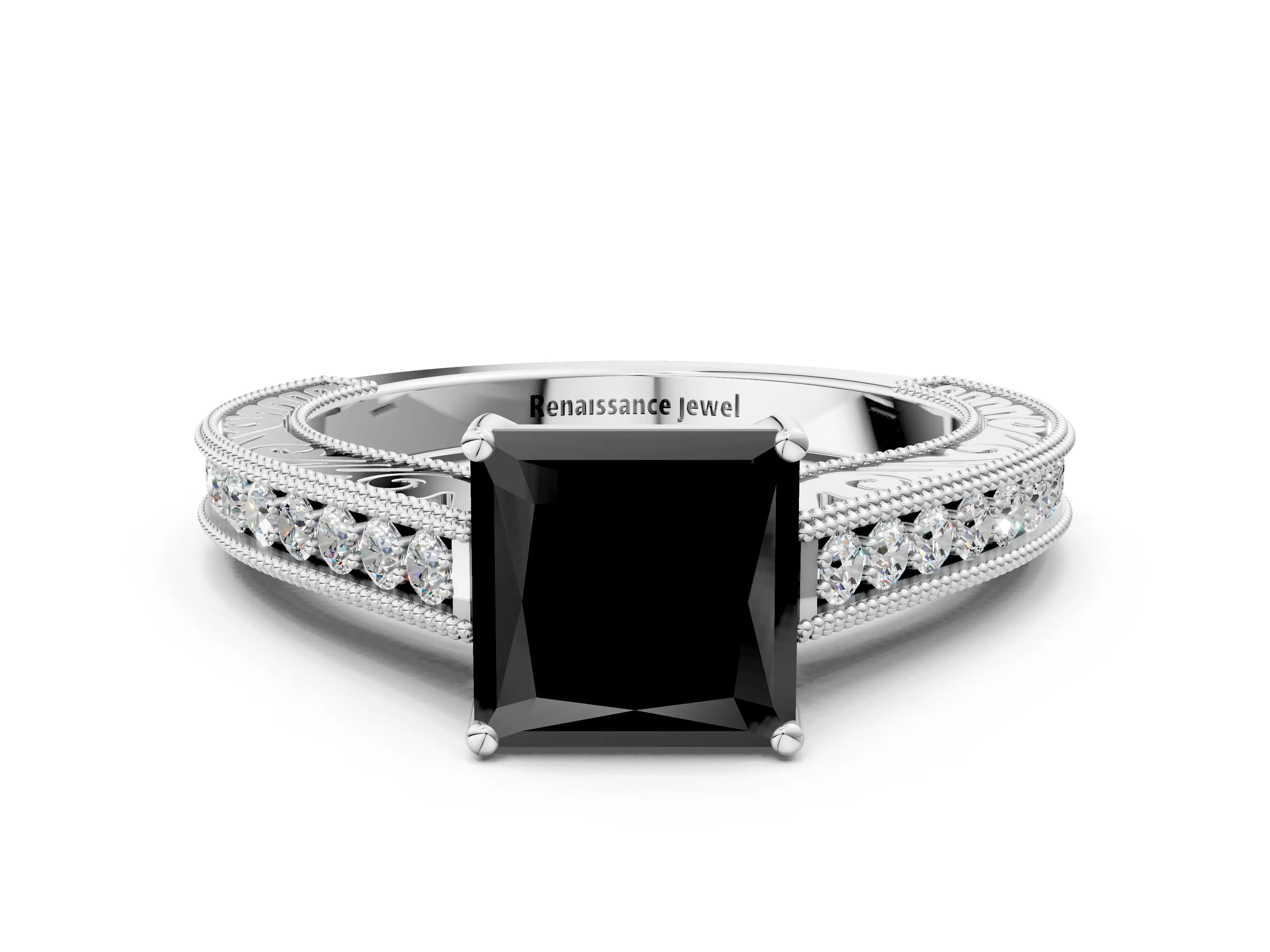White gold Fancy Black Princess Cut Cut Pave Band Milgrain Solitaire Ring
