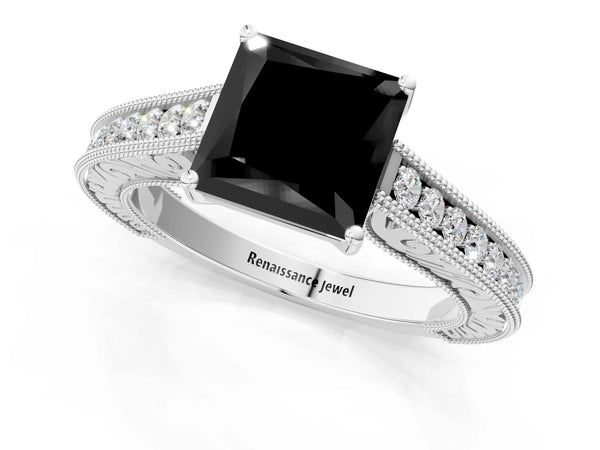 Platinum Princess Cut Vintage Pave Engagement Ring Setting for Black Center