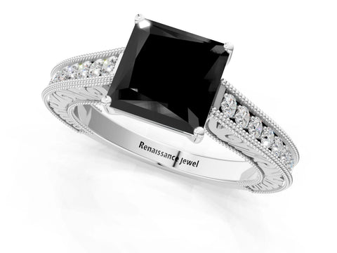 White gold Fancy Black Princess Cut Cut Pave Band Milgrain Solitaire Ring_1
