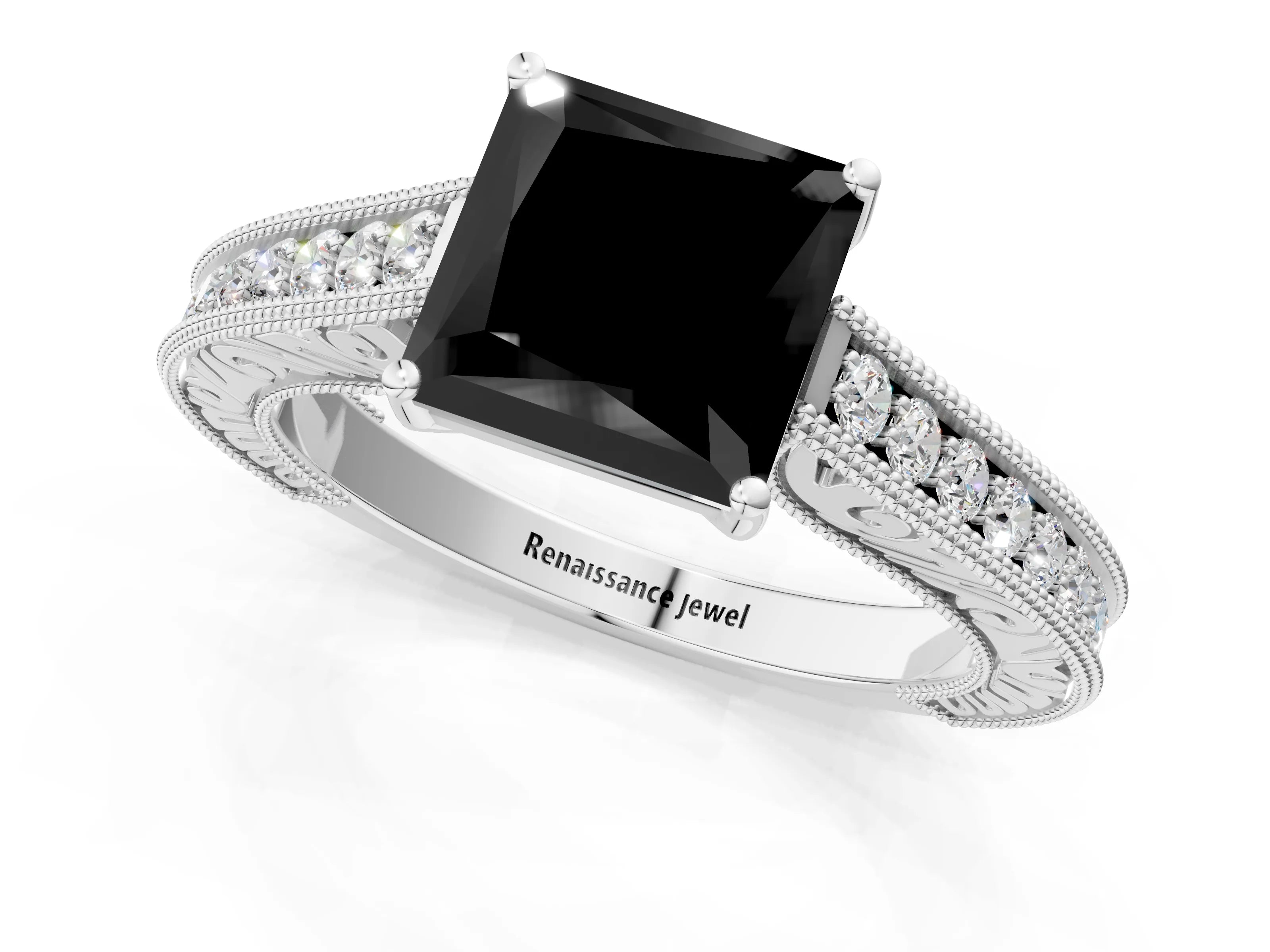 White gold Fancy Black Princess Cut Cut Pave Band Milgrain Solitaire Ring_1
