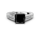 White gold Fancy Black Princess Cut Cut Pave Band Milgrain Solitaire Ring