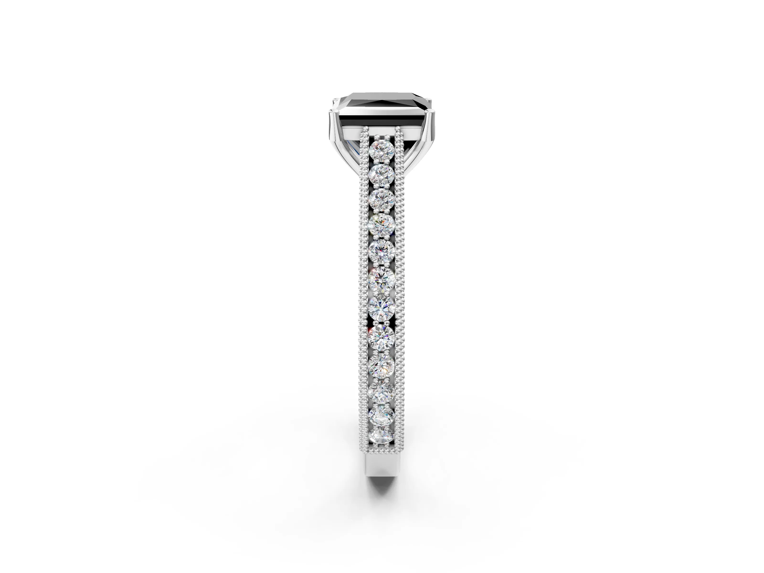 White gold Fancy Black Princess Cut Cut Pave Band Milgrain Solitaire Ring_2