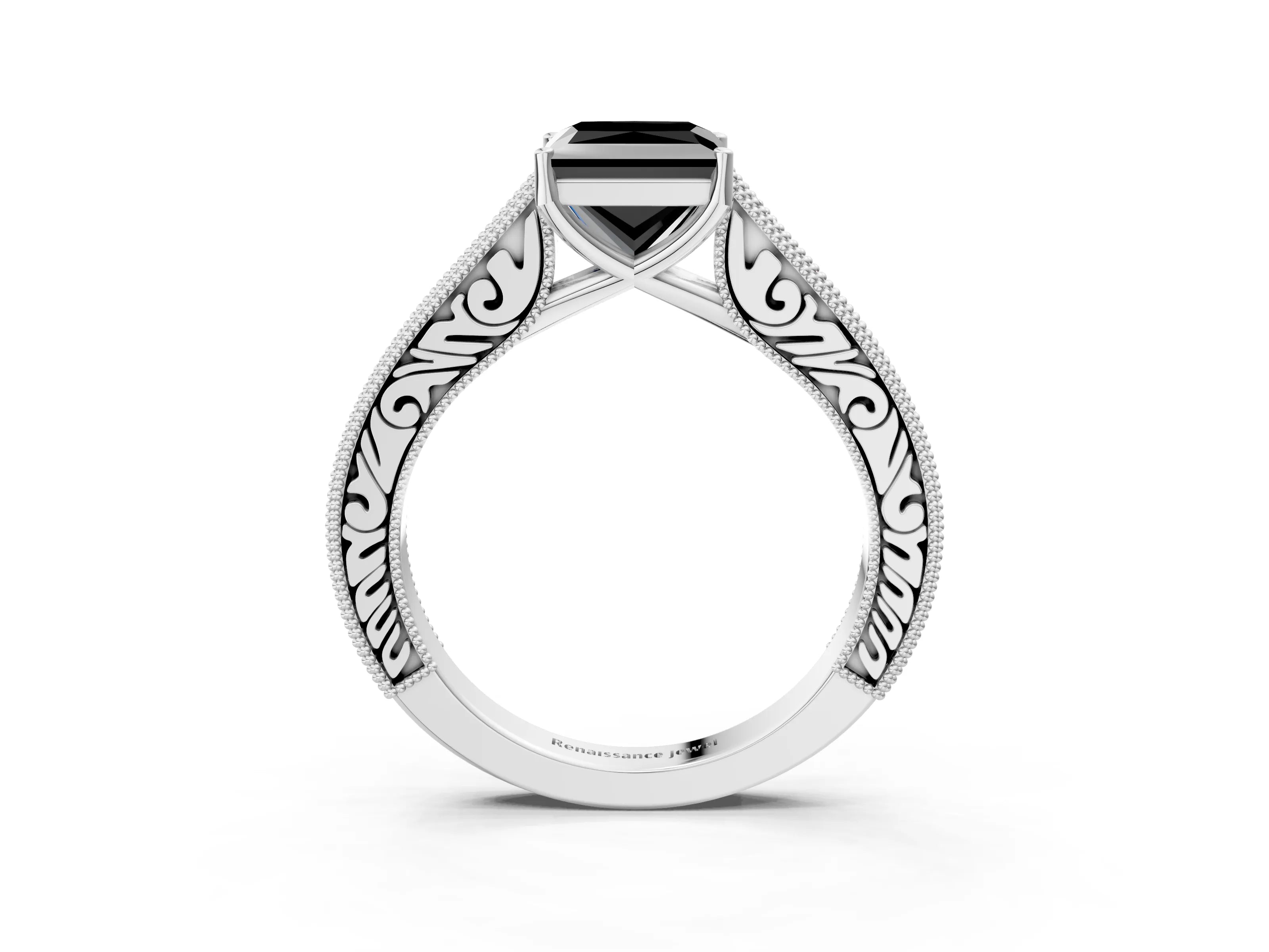 White gold Fancy Black Princess Cut Cut Pave Band Milgrain Solitaire Ring_3