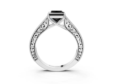 White gold Fancy Black Princess Cut Cut Pave Band Milgrain Solitaire Ring_3