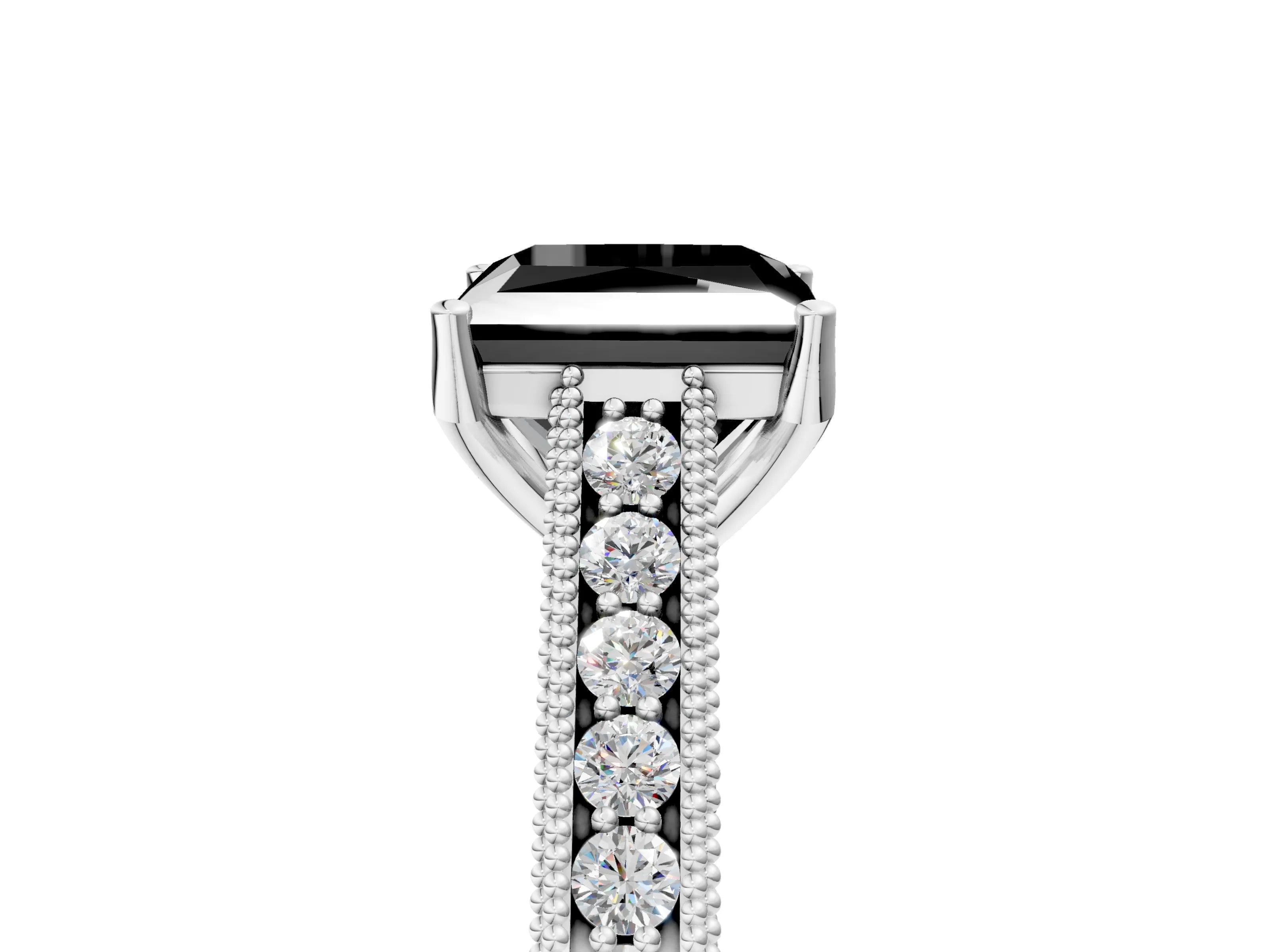 White gold Fancy Black Princess Cut Cut Pave Band Milgrain Solitaire Ring_5