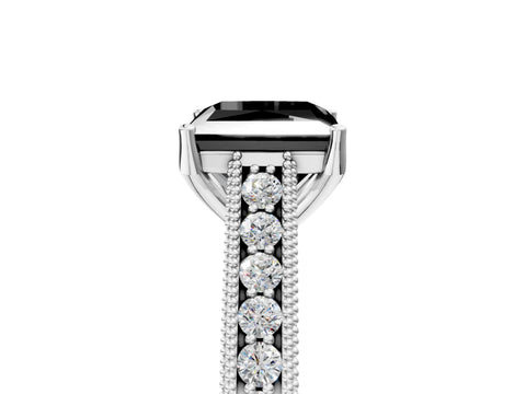 White gold Fancy Black Princess Cut Cut Pave Band Milgrain Solitaire Ring_5