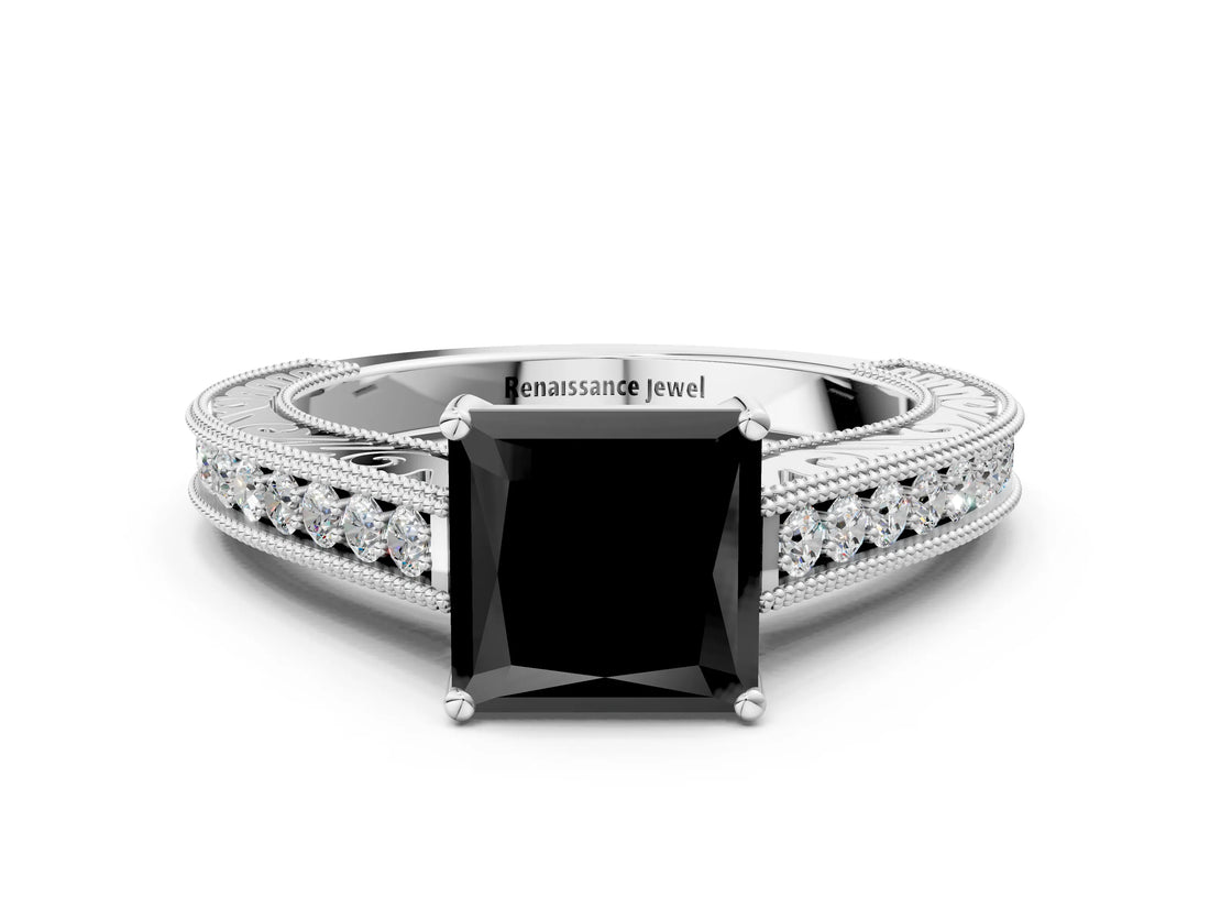 White gold Fancy Black Princess Cut Cut Pave Band Milgrain Solitaire Ring