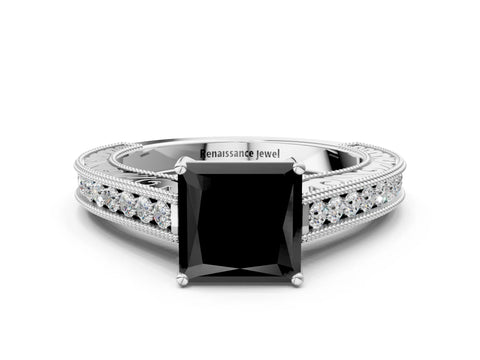 White gold Fancy Black Princess Cut Cut Pave Band Milgrain Solitaire Ring