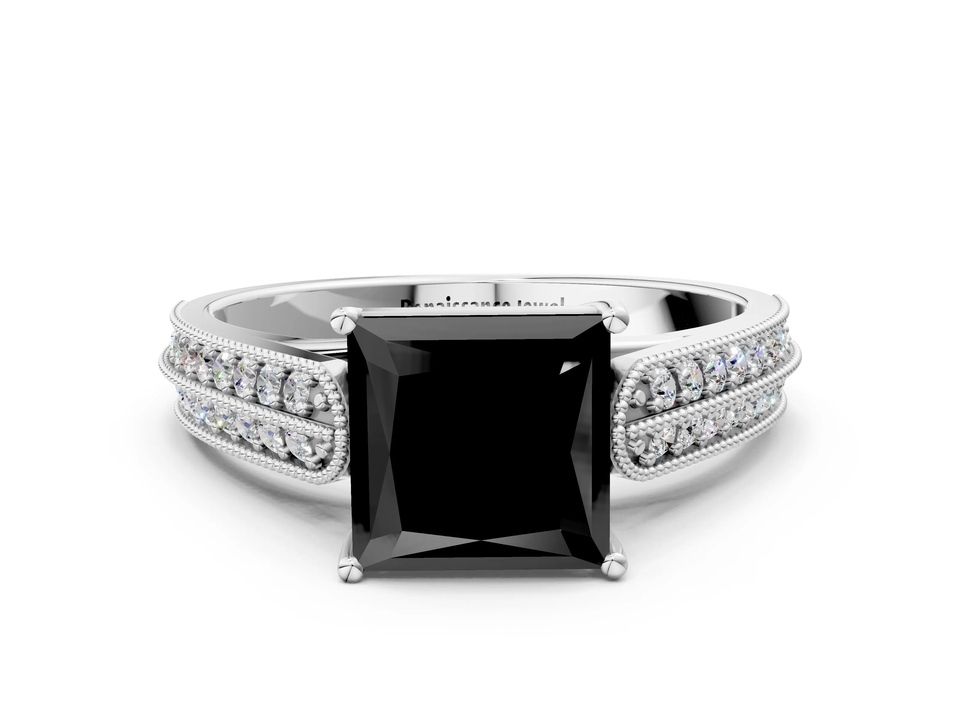 White gold Fancy Black Princess Cut Cut Pave Split Shank Engagement Ring with Four-Prong Setting_12