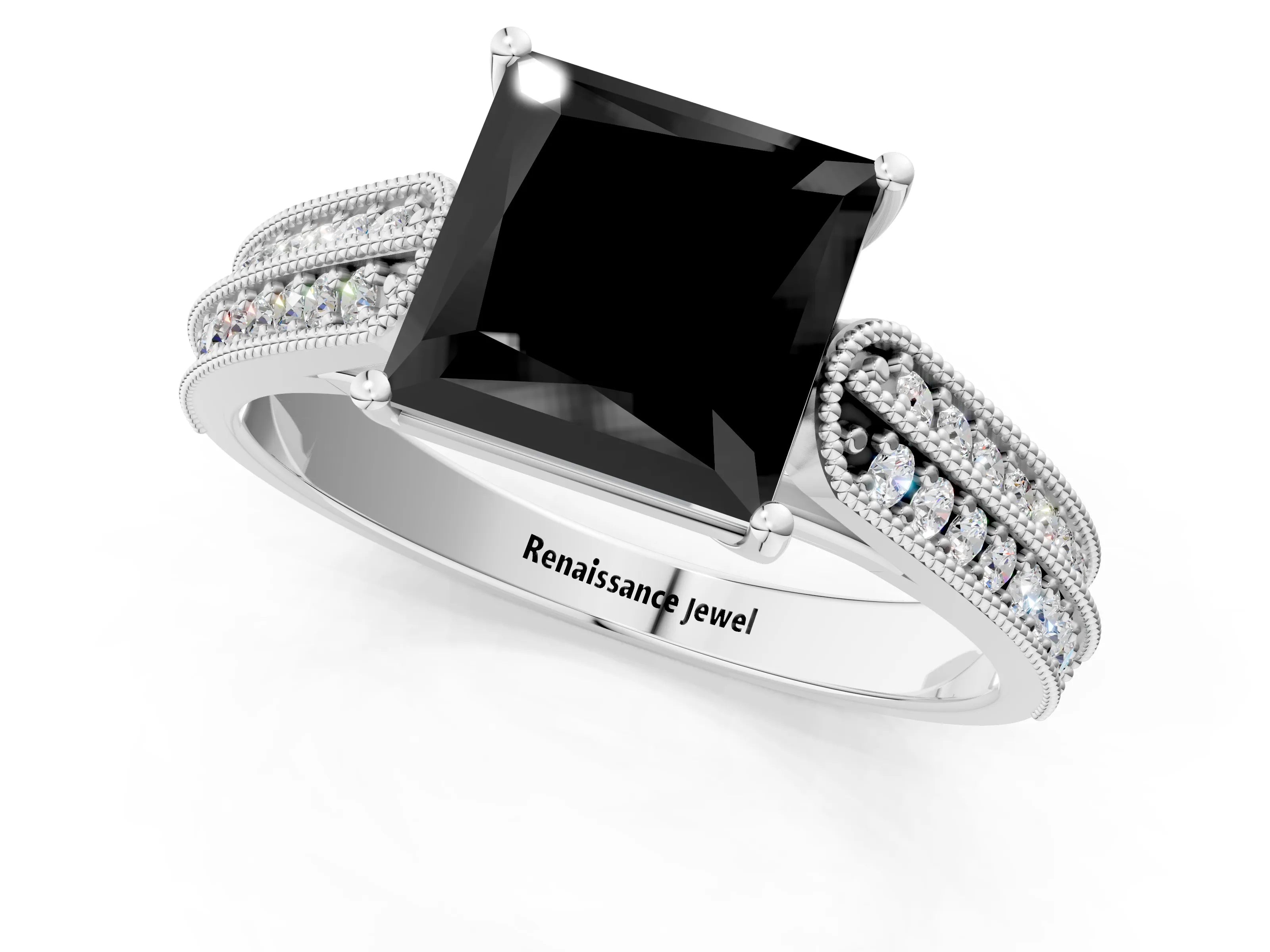 White gold Fancy Black Princess Cut Cut Pave Split Shank Engagement Ring with Four-Prong Setting_13